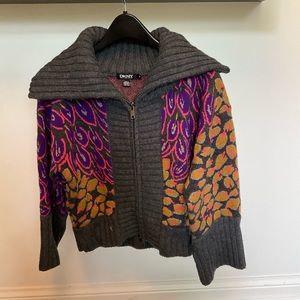 DKNY Grey Patterned Zip Up Sweater (Wool-Cashmere Blend)